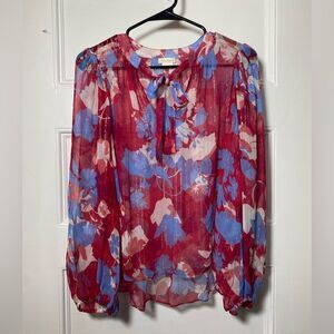 SHOSHANNA Floral Tie-Neck Long Sleeve Sheer Blouse Pink/Blue Sz Small